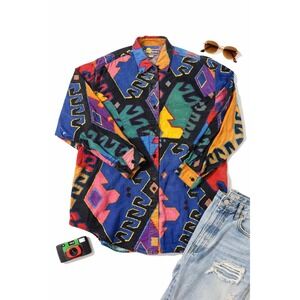 90s Abstract Southwest Button Up Shirt Men's L Dopamine Print Oversized Unisex